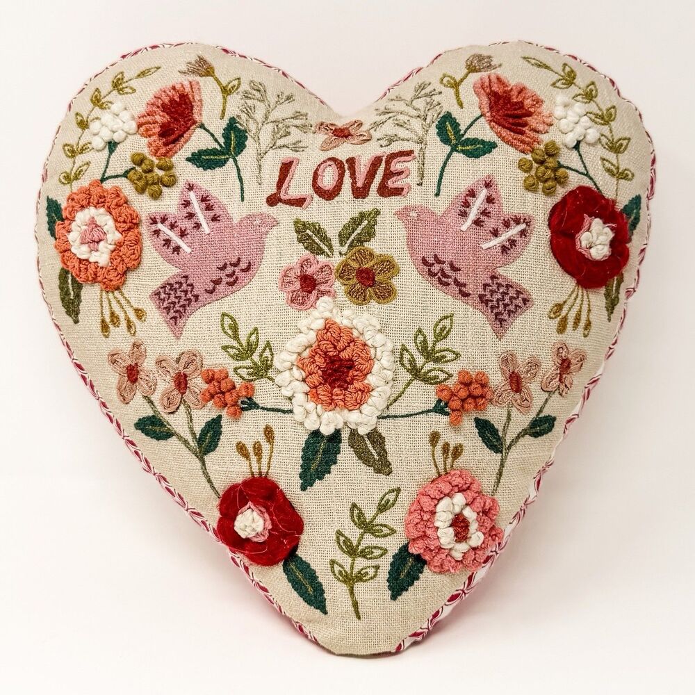 Milli Home Heart Throw Pillow Floral Embroidered Love Birds Cottagecore 12x12
